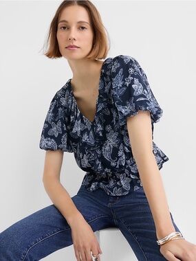 LOFT Paisley Ruffle V-Neck Blouse